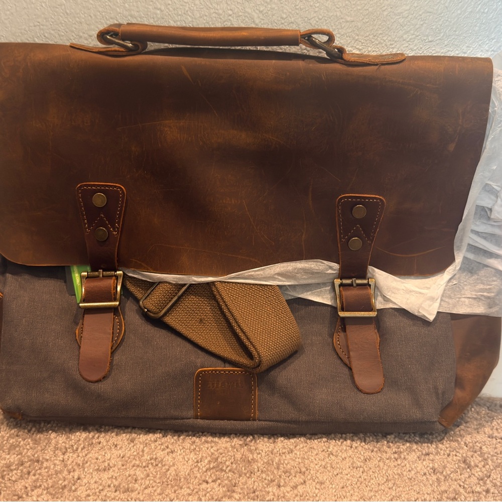 Navy Canvas and Brown Leather Messenger Bag